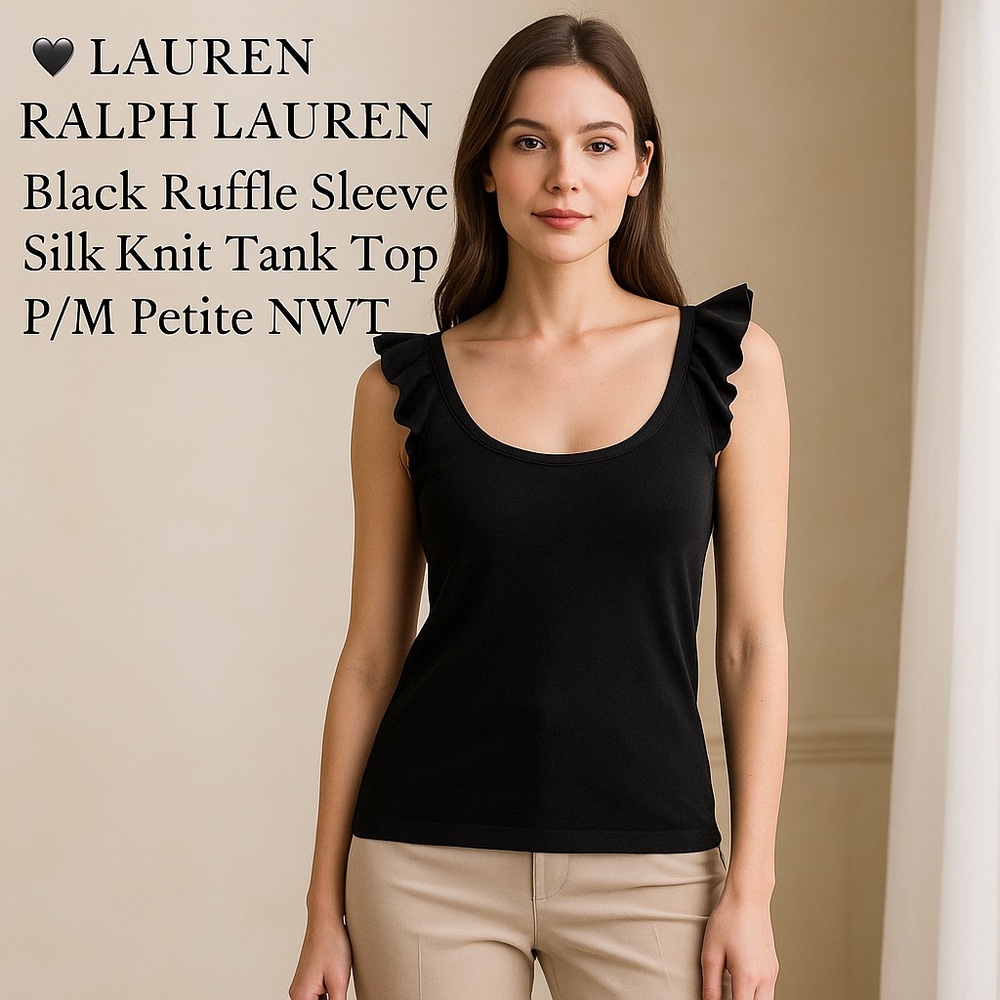 NWT LAUREN RALPH LAUREN Black Ruffle Sleeve Silk Knit Top P/M Petite